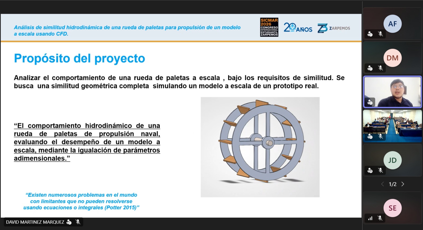 Diapositiva técnica: Análisis de similitud hidrodinámica de una rueda de paletas usando CFD